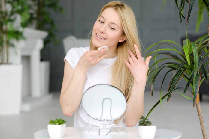 Struccanti naturali Ragazza si trucca davanti allo specchio