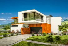 Progetto 3D di una casa passiva in muratura e legno con ampie vetrate