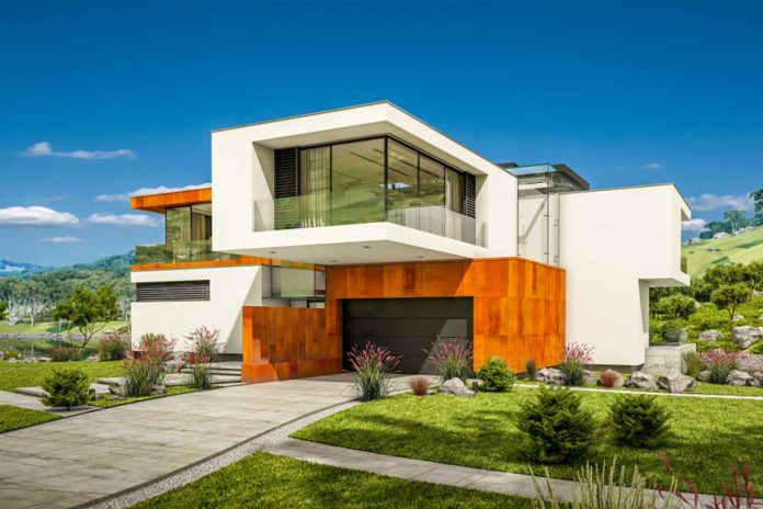 Casa passiva Progetto 3D di una casa passiva in muratura e legno con ampie vetrate