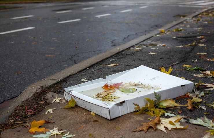 Un cartone della pizza gettato in strada