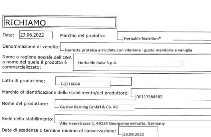 richiamo alimentare Ministero della Salute