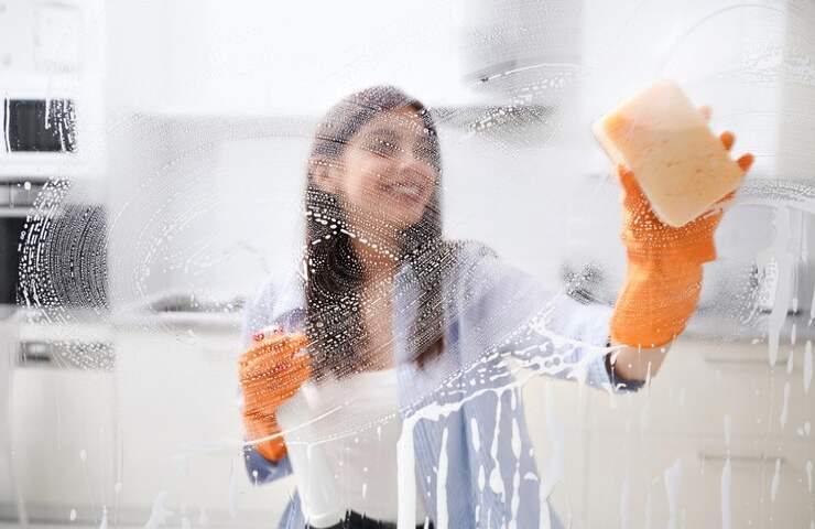 Una ragazza mentre lava una vetrata