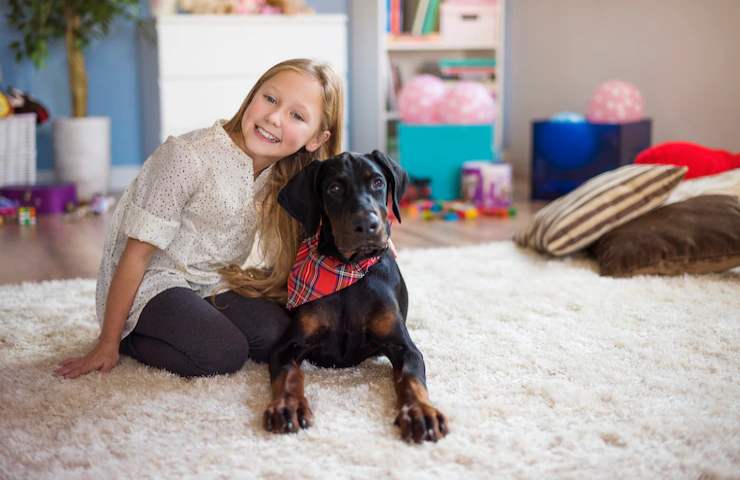 Una bambina ed un cane in casa