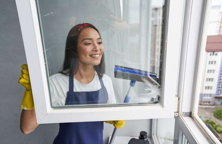 Una donna impegnata nel lavare dei vetri