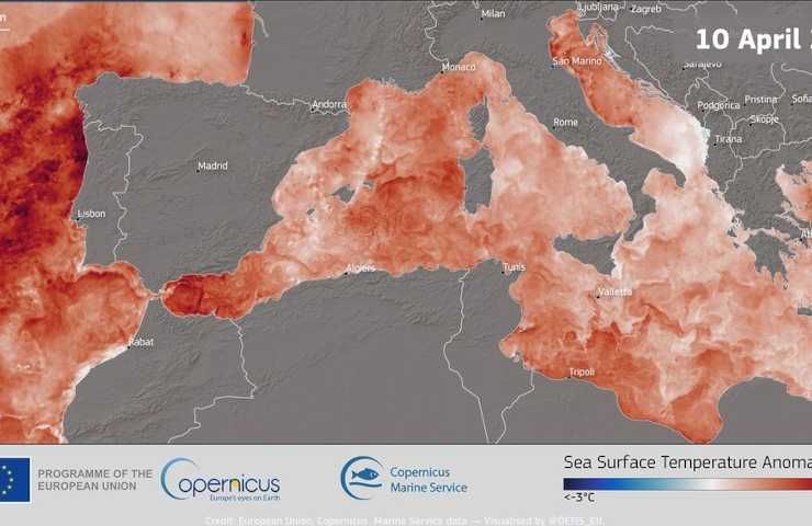 Temperature Mediterraneo aumento 3 gradi dati satelliti Copernicus