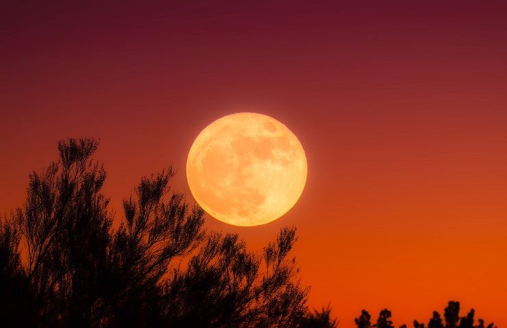 luna arancione posizione vicino all'orizzonte