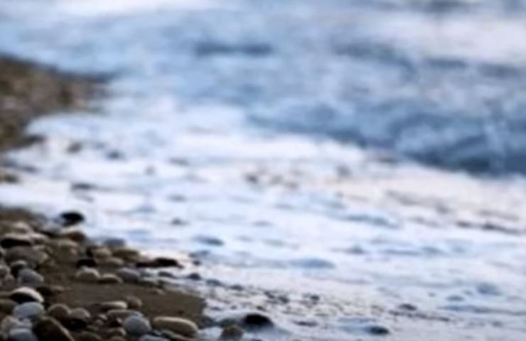 Da bambino raccoglie una pietra in spiaggia