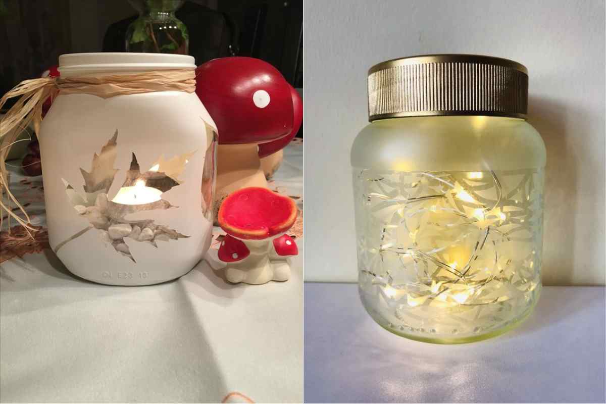 porta candele e barattolo luminoso con vasetti di nutella