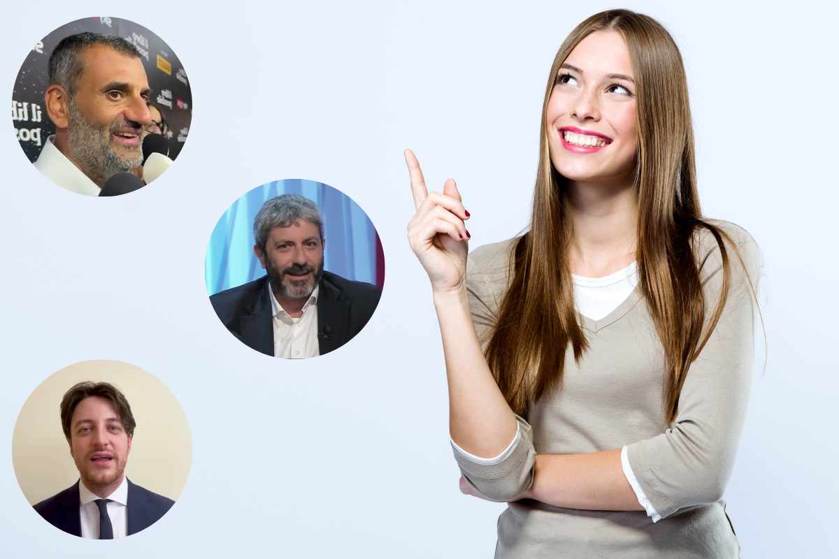 Una donna indica Decaro, Fico e Stefani che sono in dei cerchi