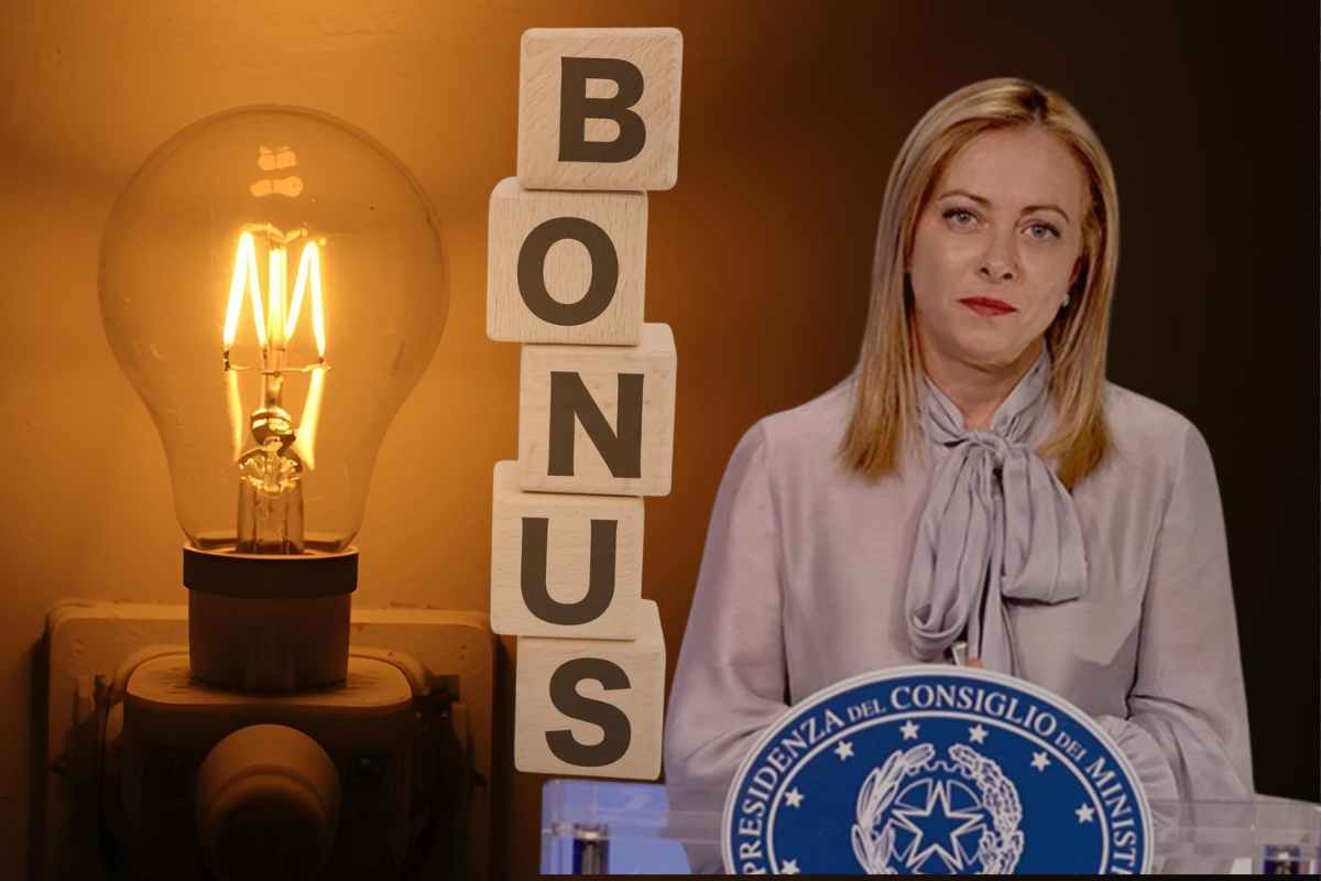 Una lampadina, la scritta bonus con dei dadi e Giorgia Meloni