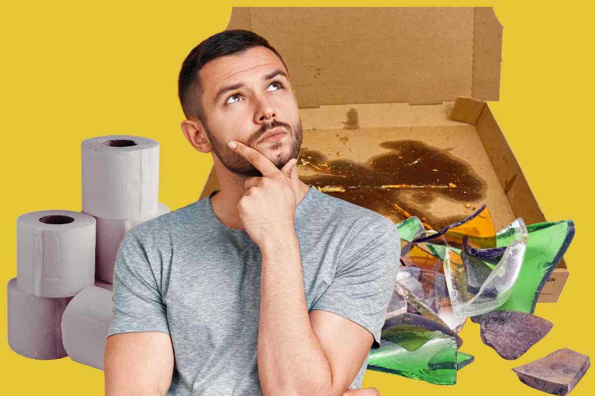 persona pensierosa davanti a scarti da gettare nell'immondizia