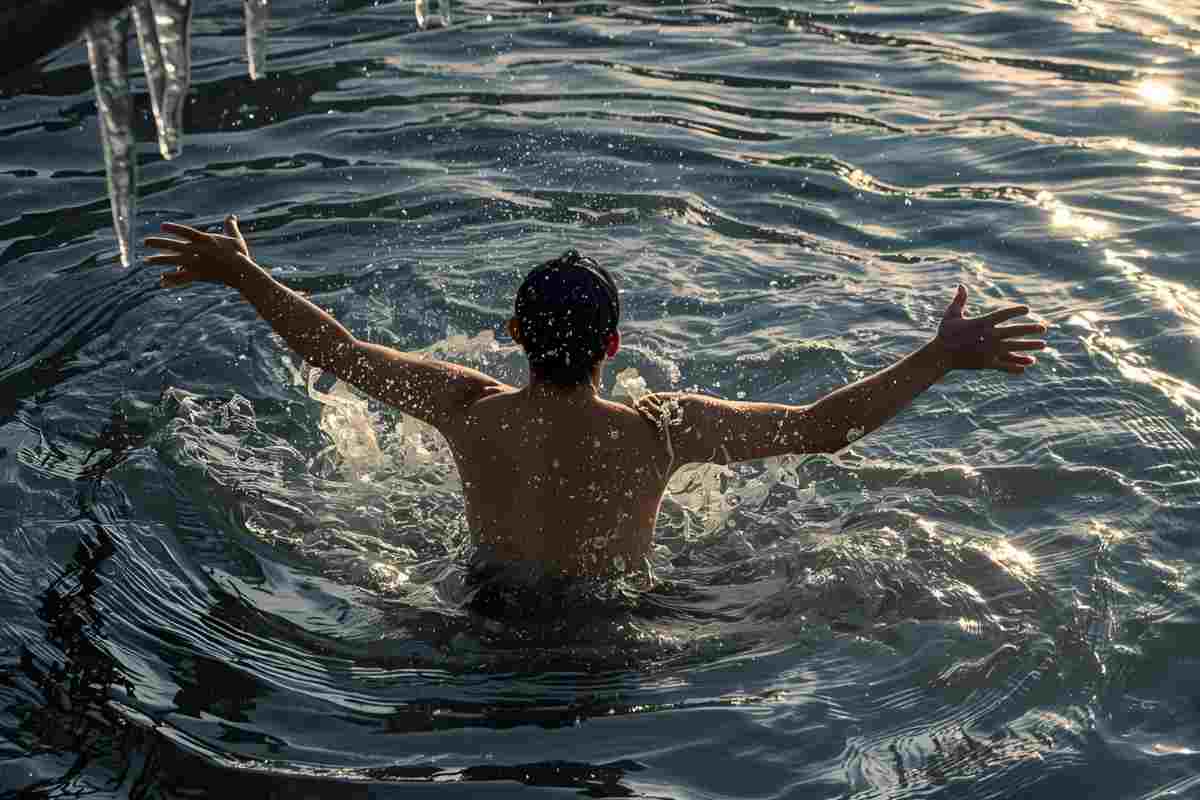 persona fa il bagno d'inverno