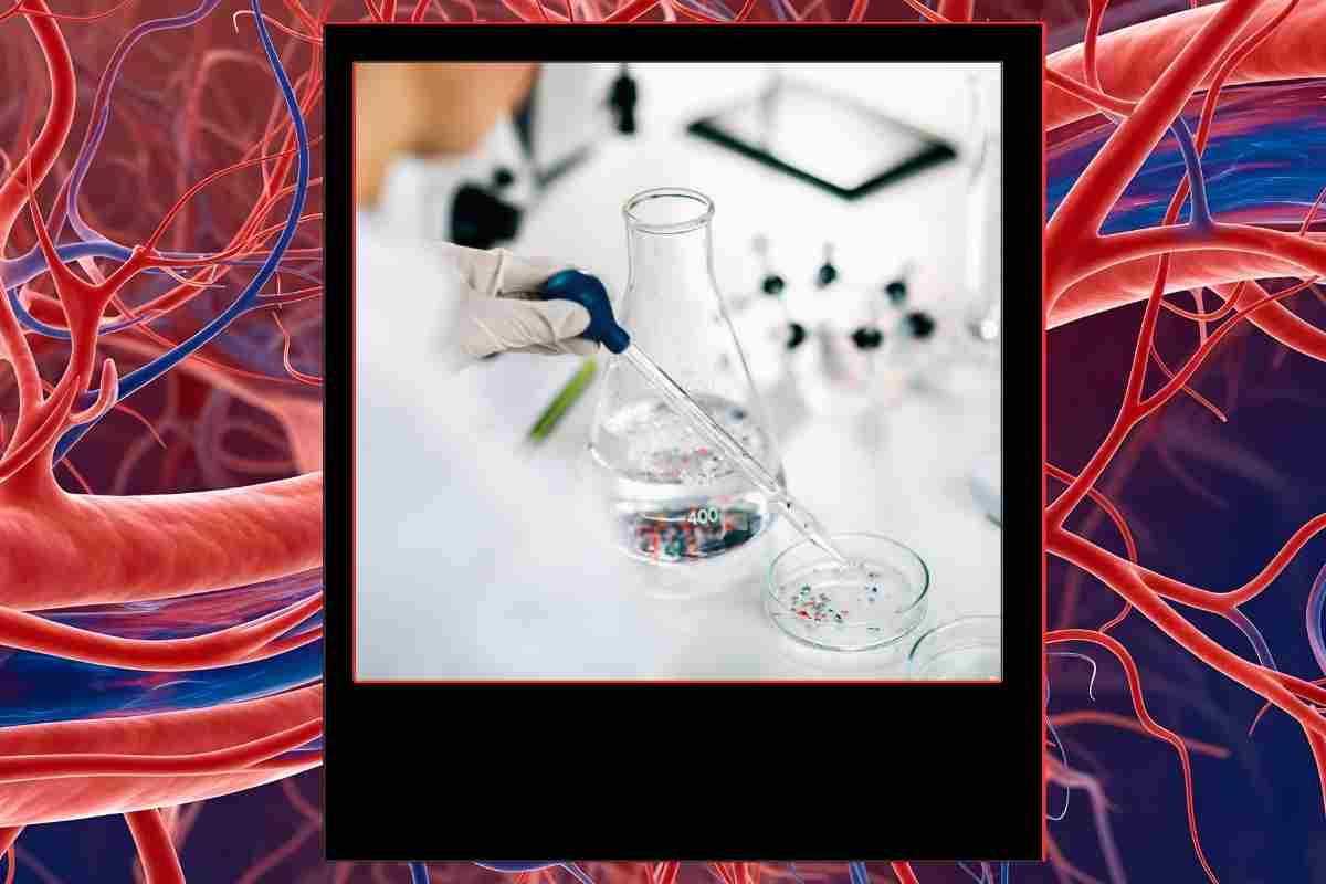 tessuti umani e davanti scienziato al lavoro su microplastiche