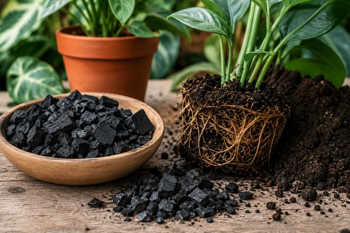 Carbone attivo naturale accanto a una pianta con radici esposte e terriccio fertile su tavolo da giardinaggio